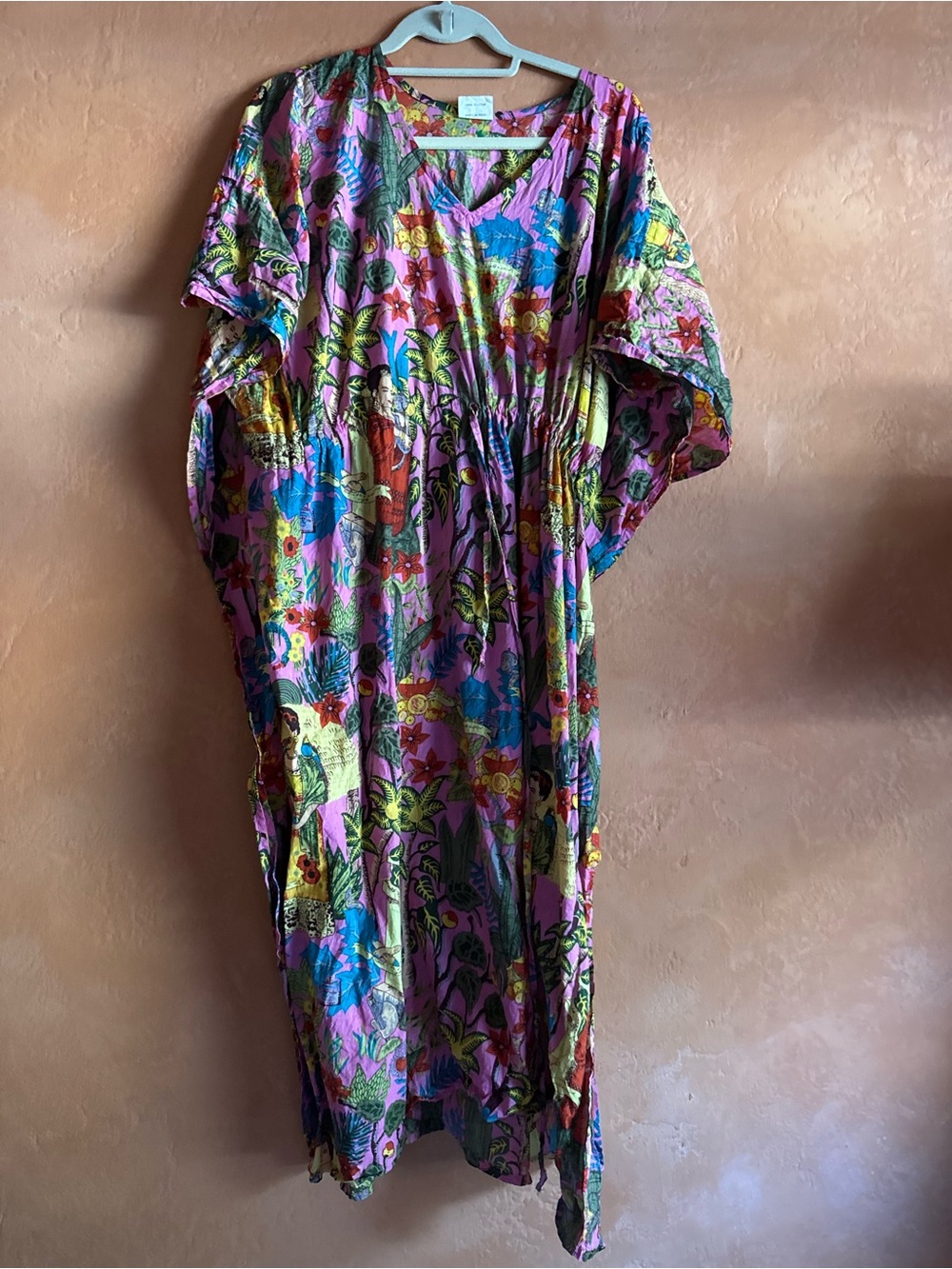 Frida Kahlo Floral Print Cotton Kaftan Maxi Dress Pink One Size